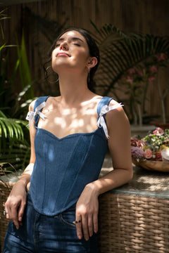 Lace-up denim corset top