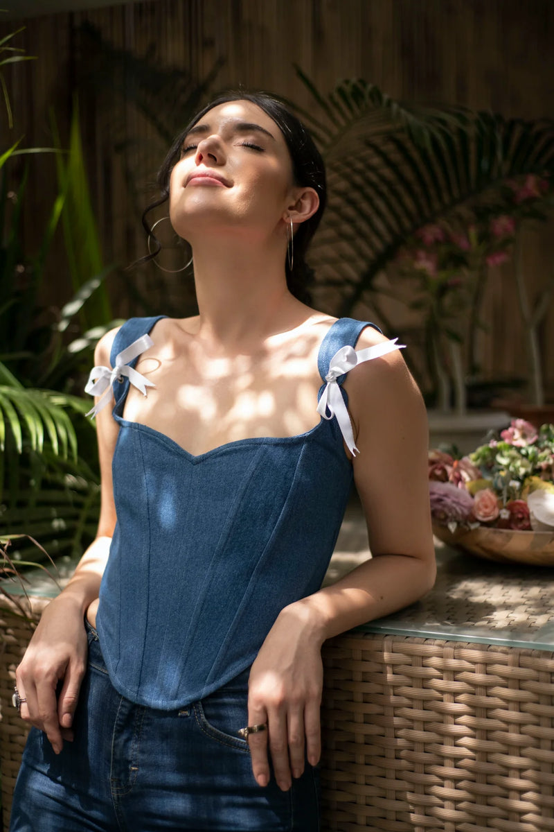 Lace-up denim corset top
