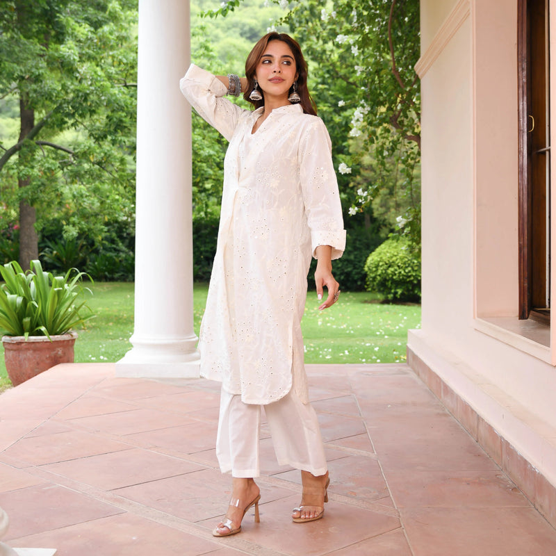 White Embroidered Cotton Kurta Pants