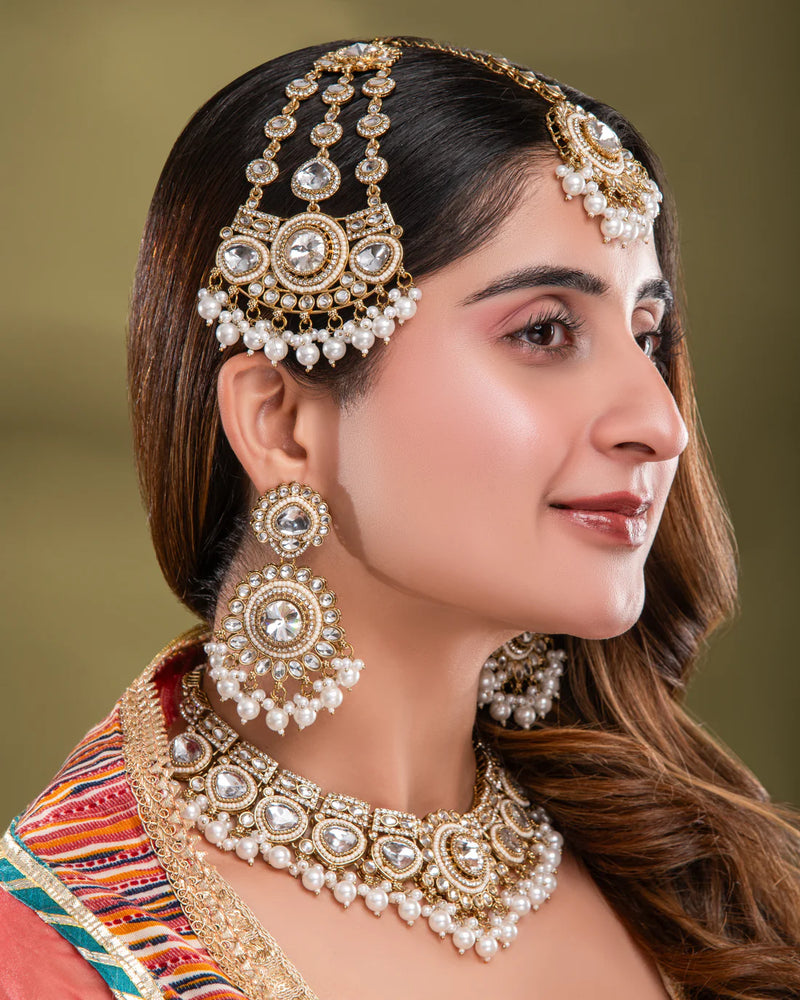 Pearl Laviza Premium Polki Dupe Necklace Set with Teeka & Side Jhumar/Passa – By Reet Lifestyle