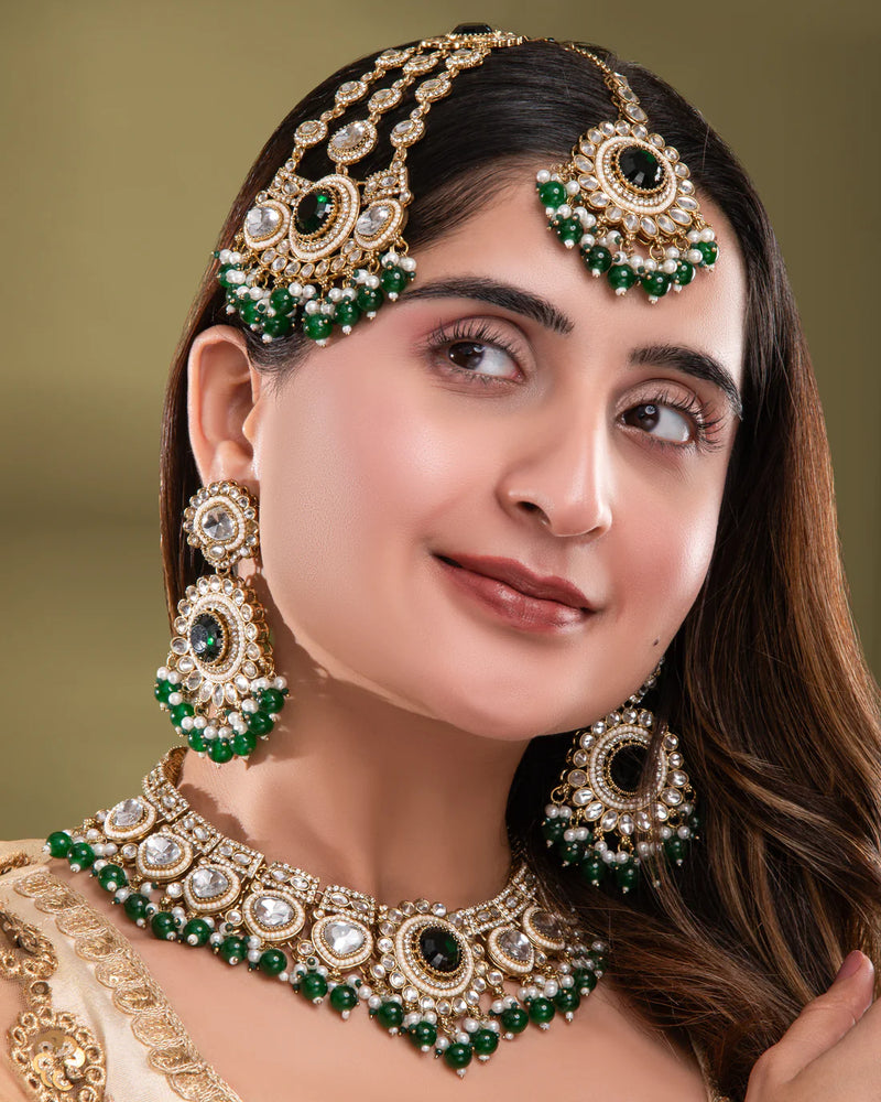 Green Laviza Premium Polki Dupe Bridal Set with Teeka & Side Jhumar/Passa – By Reet Lifestyle