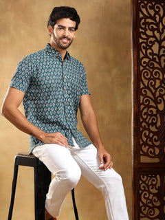 Dahleez Blue Cotton Hand Block Shirt