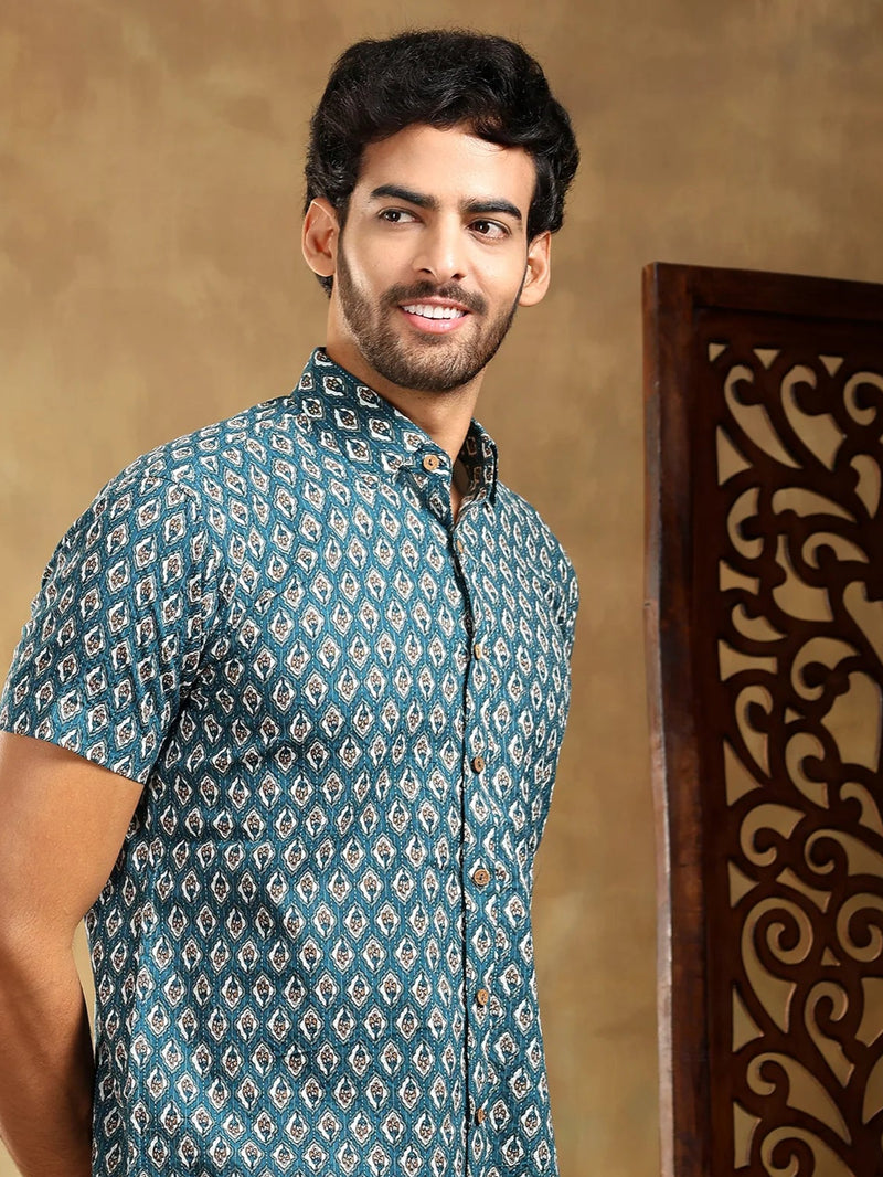 Dahleez Blue Cotton Hand Block Shirt