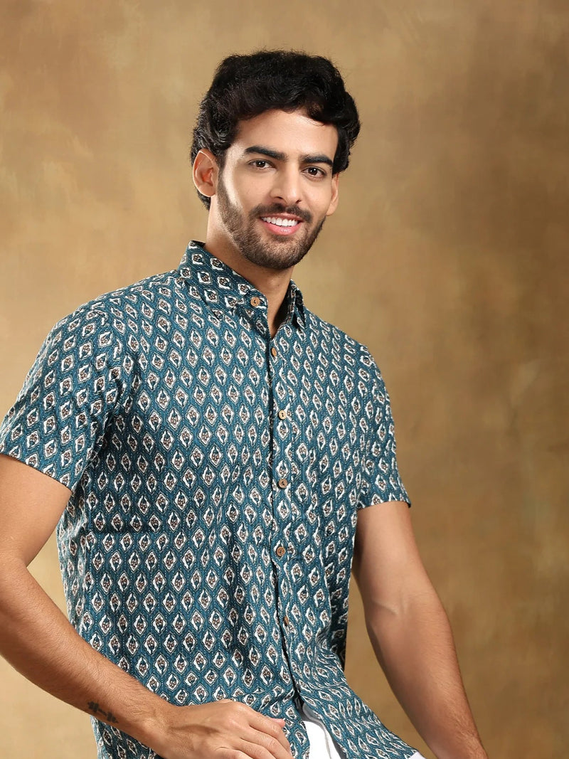 Dahleez Blue Cotton Hand Block Shirt