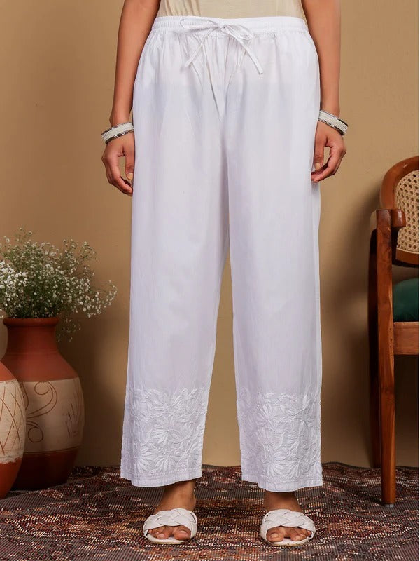 Cotton White Chikankari Straight Palazzo