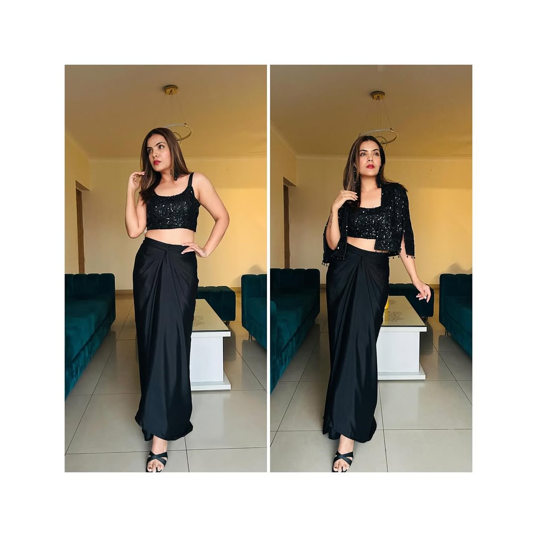 Black Sequin Drape Skirt Set- By Reet Lifestyle