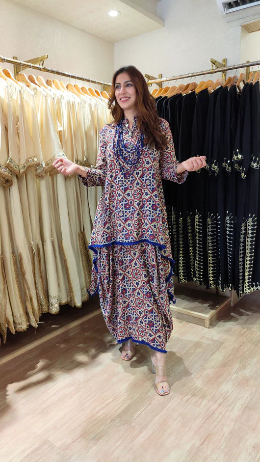 Red Ajrakh Dhoti Skirt Dress with Neckpiece