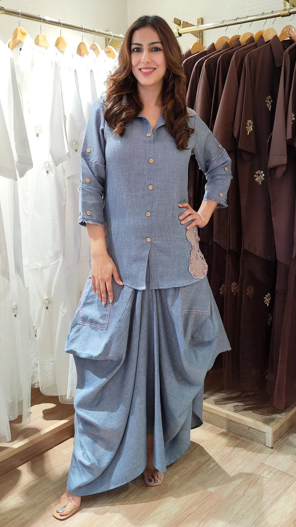 Sky Blue Organic Cotton Draped Co-Ord Set