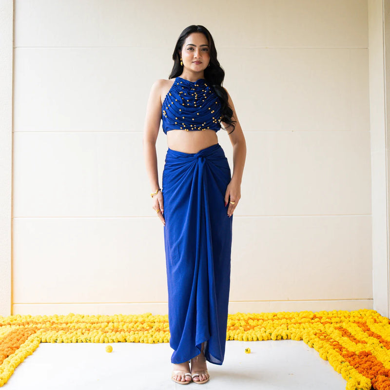 Indigo Muse Backless Draped Set