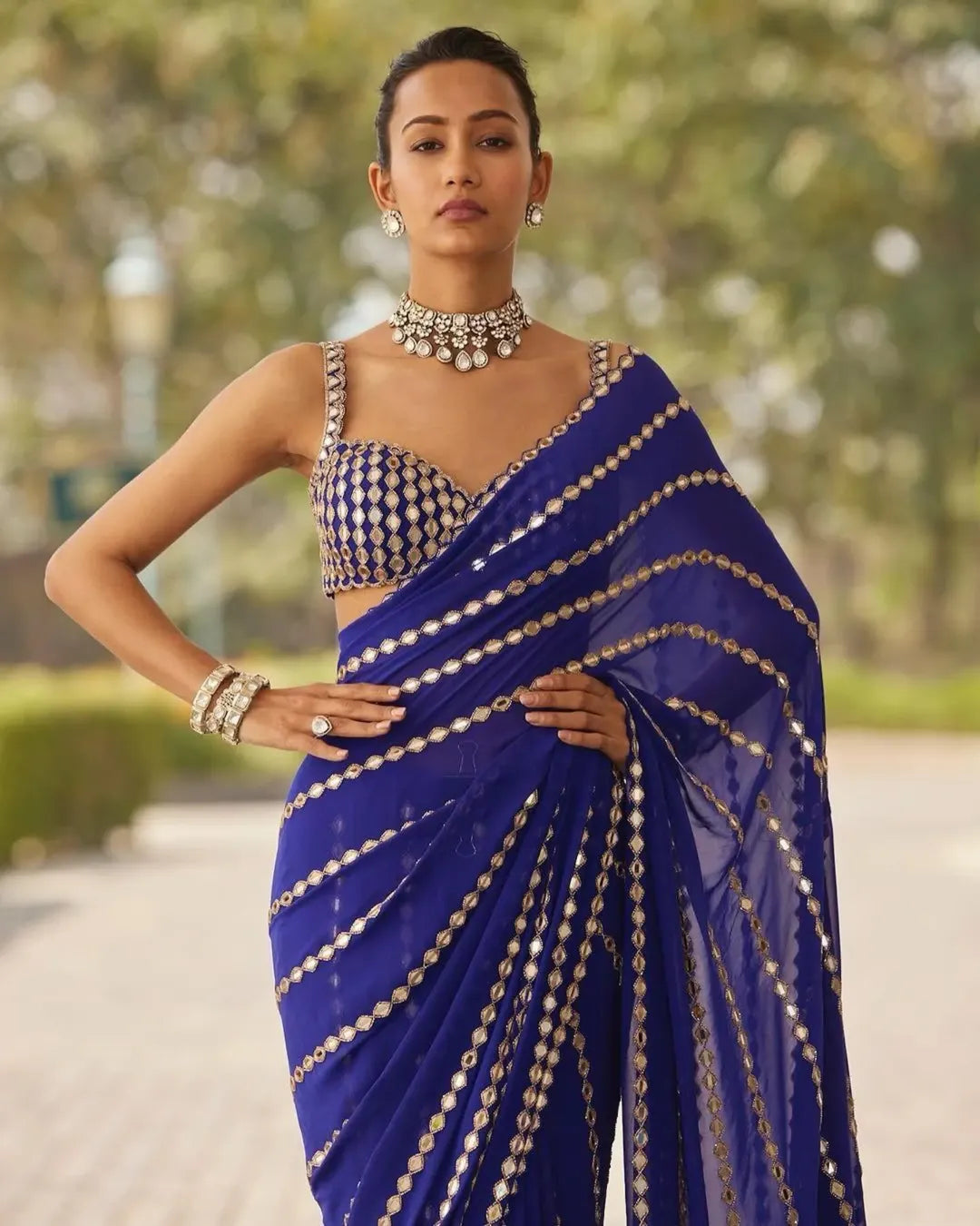 Georgette saree with embroidery and real mirror work
