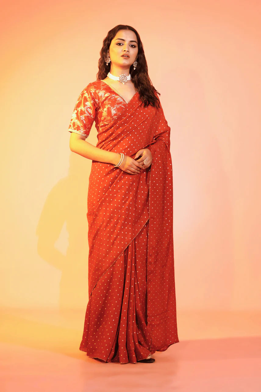 Dusky Scarlet Rust Chanderi Saree with Stitched Blouse