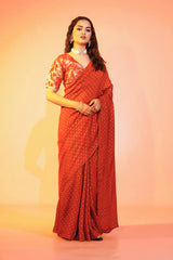 Dusky Scarlet Rust Chanderi Saree with Stitched Blouse