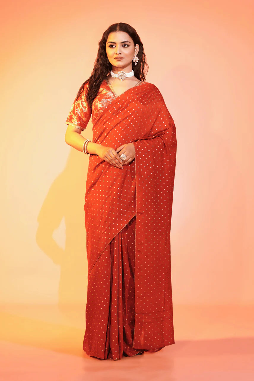 Dusky Scarlet Rust Chanderi Saree with Stitched Blouse