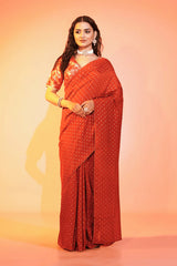 Dusky Scarlet Rust Chanderi Saree with Stitched Blouse