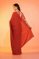 Dusky Scarlet Rust Chanderi Saree with Stitched Blouse