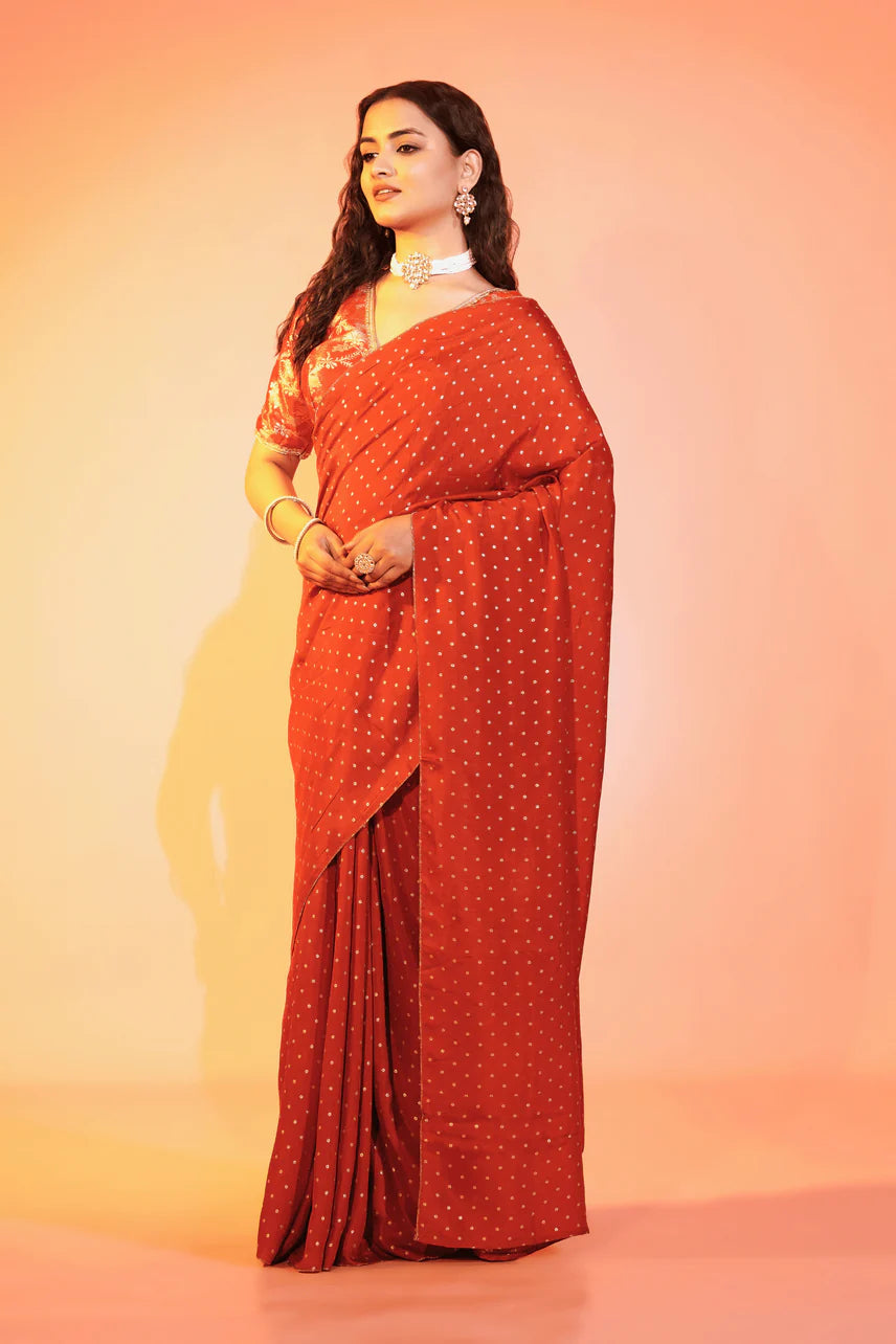 Dusky Scarlet Rust Chanderi Saree with Stitched Blouse