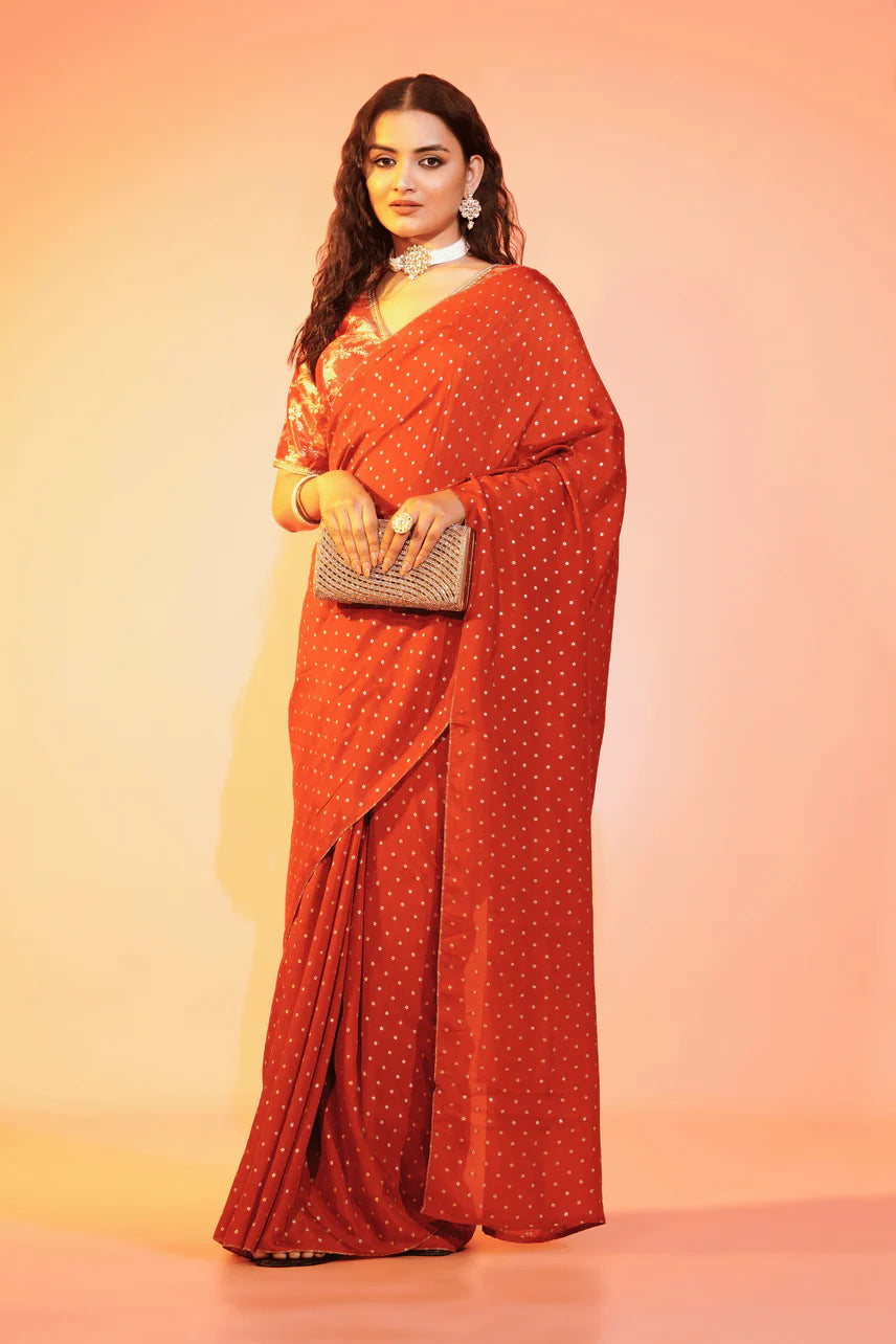 Dusky Scarlet Rust Chanderi Saree with Stitched Blouse