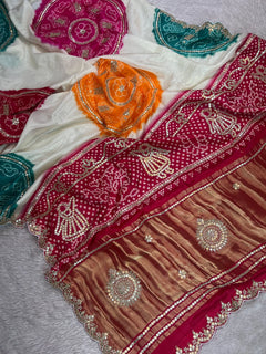 Pure Gaji Silk Multicolor Bandhani Saree with Gotapatti Handwork