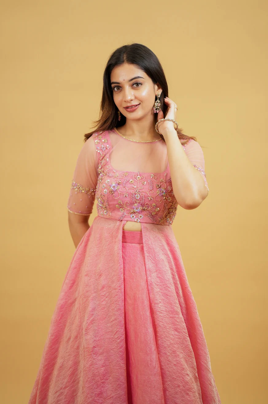Premium Onion Pink Designer Lehenga Saree with Handworked Crop Top