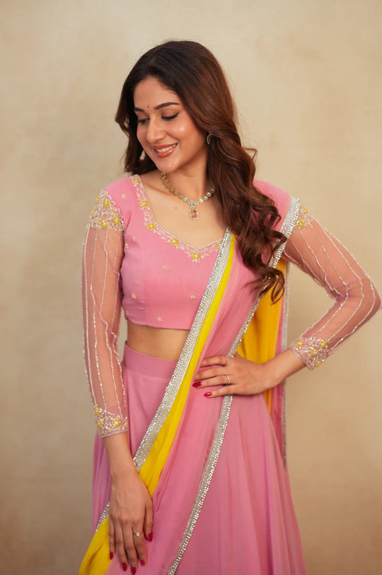 Vanilla Pink & Yellow Designer Lehenga Saree