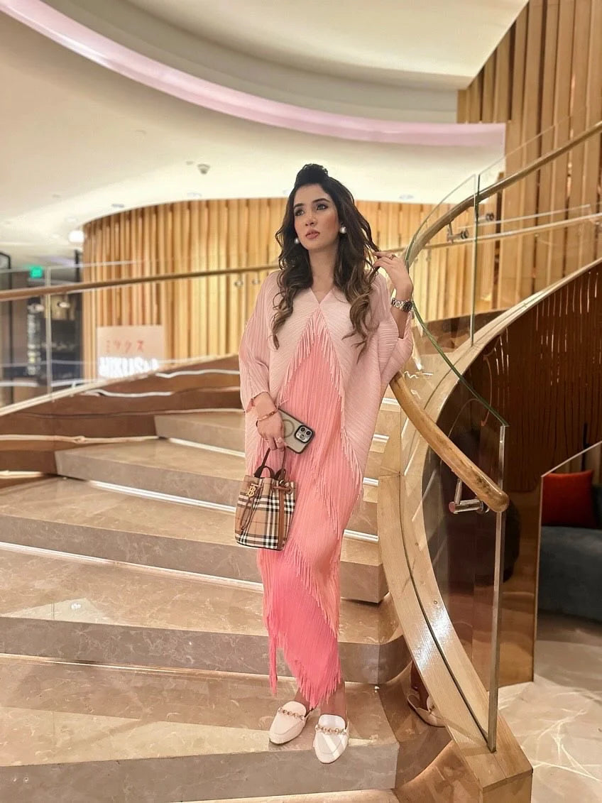 Abigal Ombre Pink Pleated Fringe Dress