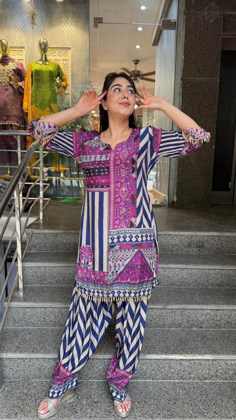 Purple Ethnic Printed Farshi Suit Set with Coordinated Dupatta