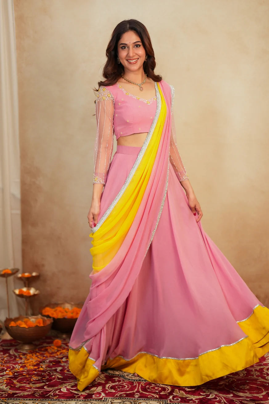 Vanilla Pink & Yellow Designer Lehenga Saree