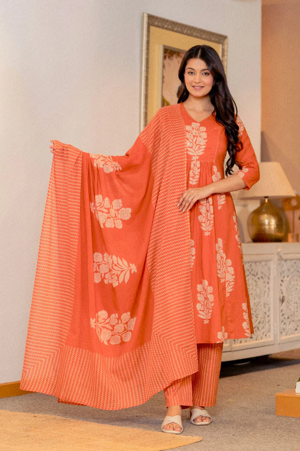 Rust Orange Pleated Cotton Suit Set with Dupatta
