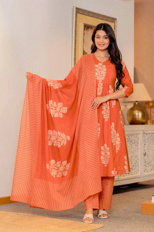 Rust Orange Pleated Cotton Suit Set with Dupatta