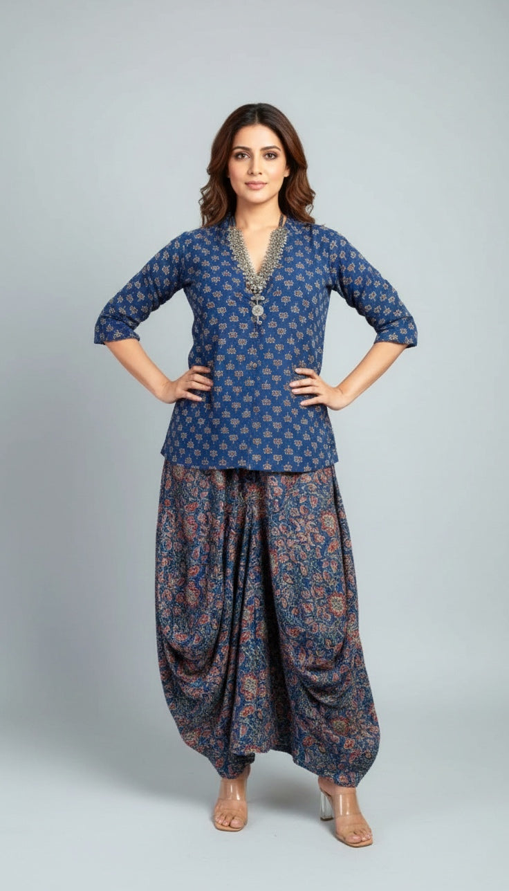 Elegant Blue Drape Skirt Set