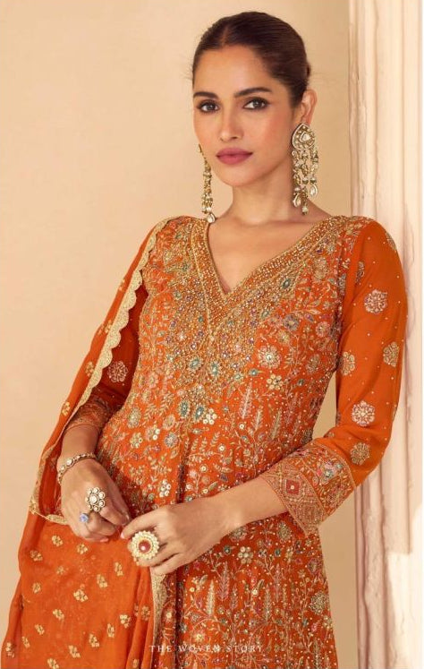 Orange Embroidered Designer Salwar Kameez Set