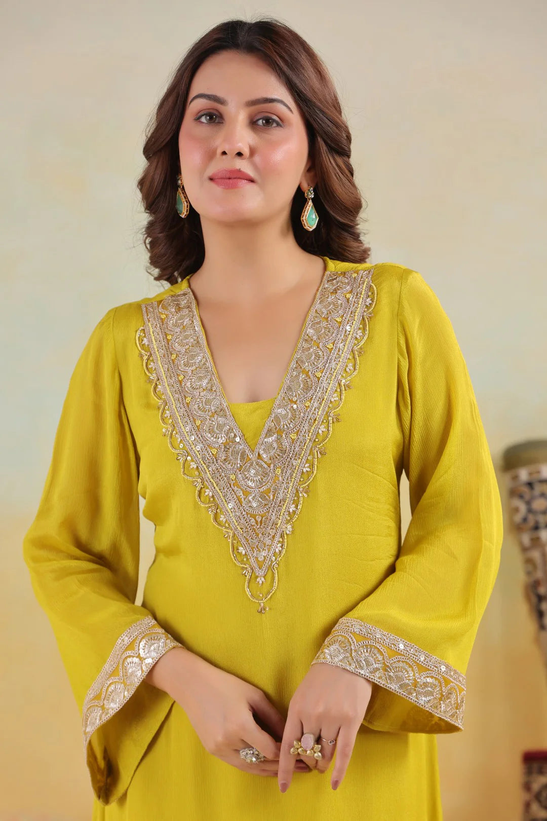 Embroidered Chinon Kurta Pant Set