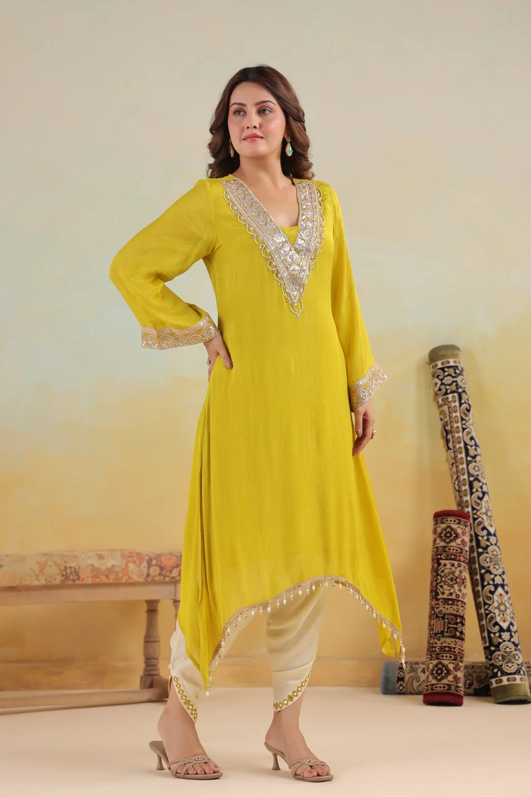 Embroidered Chinon Kurta Pant Set