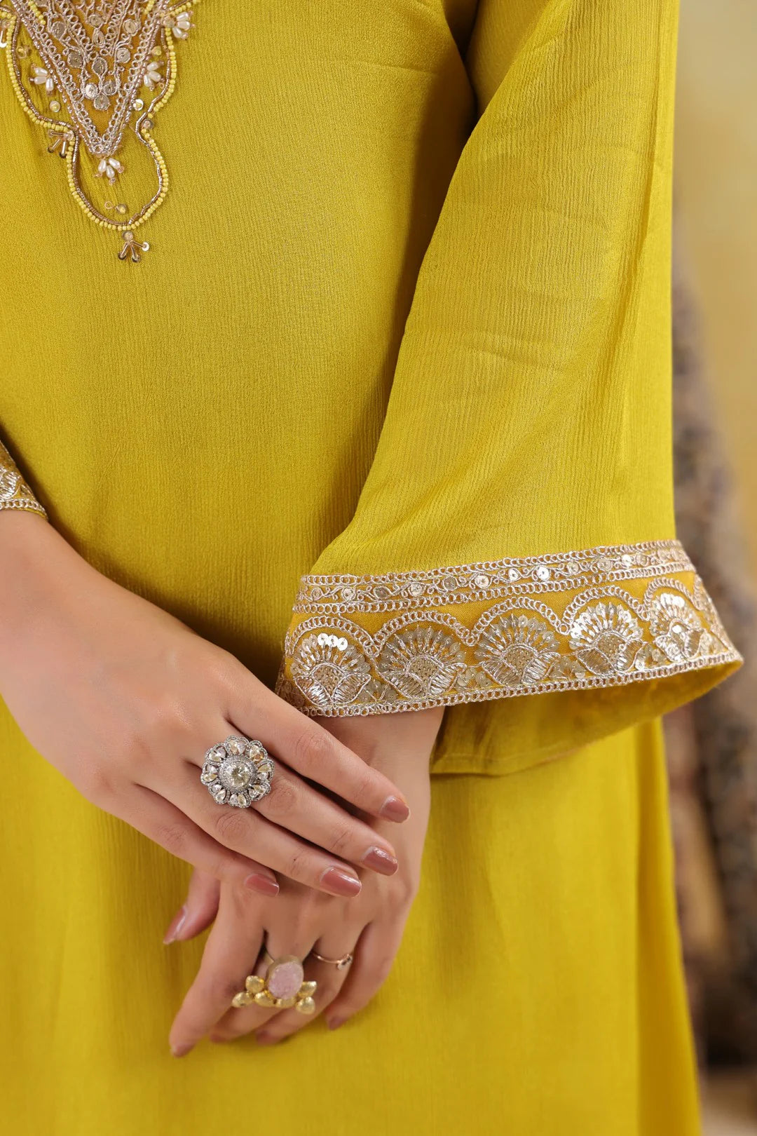 Embroidered Chinon Kurta Pant Set