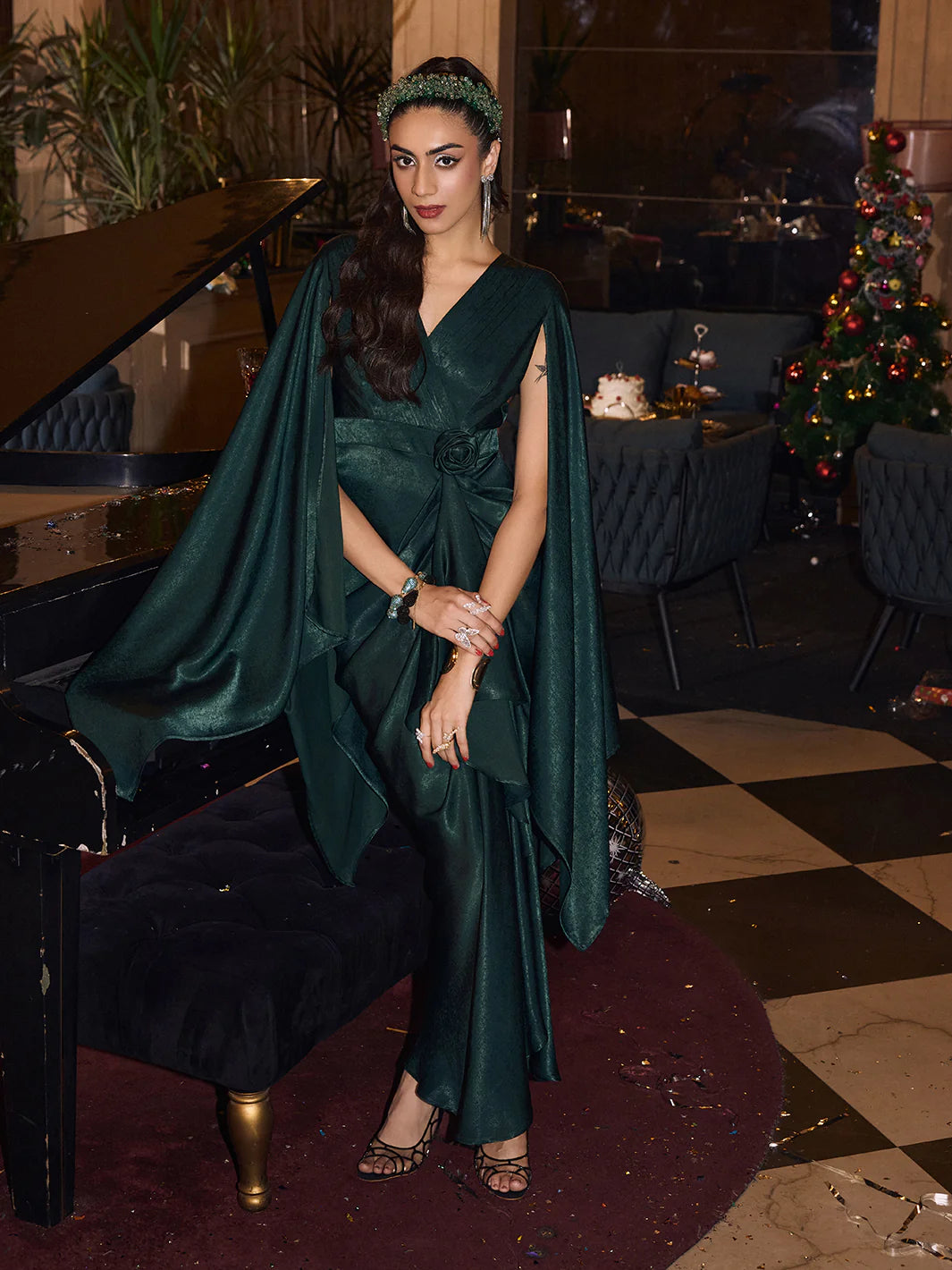 Emerald Green Satin Drape Gown