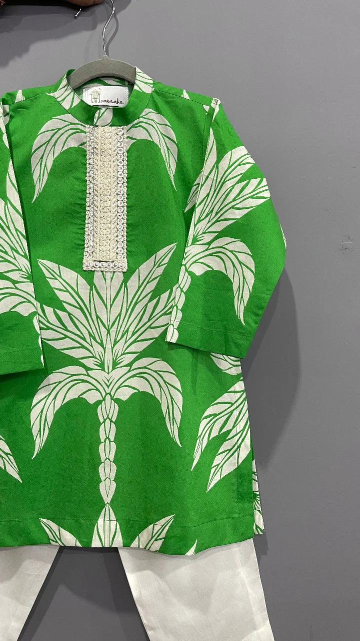 Emerald Palm Boys Green Kurta Set