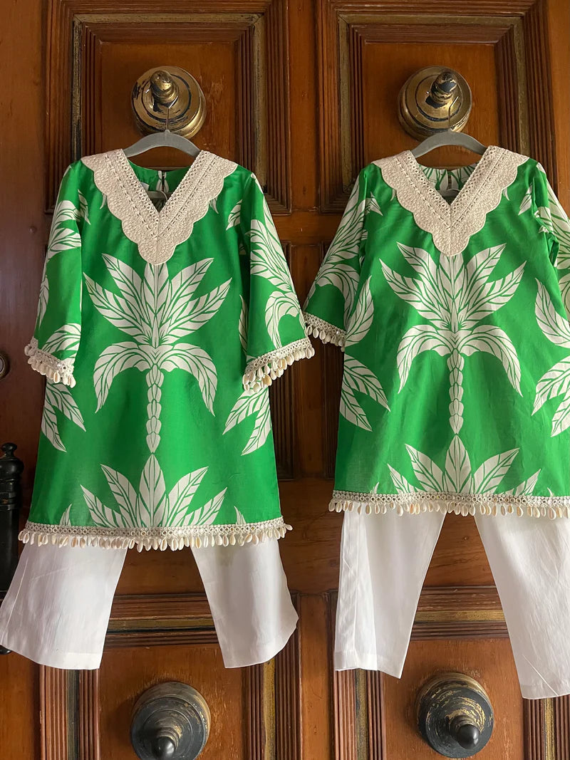Emerald Palm Girls Green Kurta Set