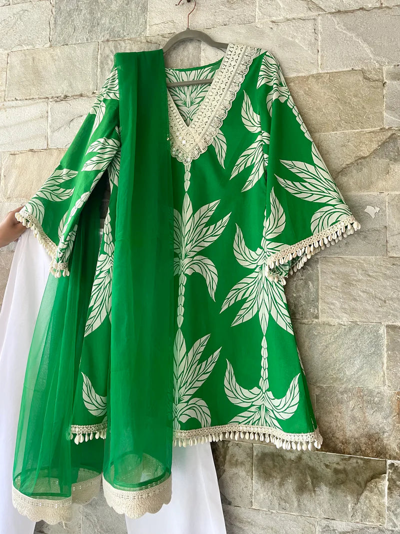 Emerald Palm Girls Green Kurta Set