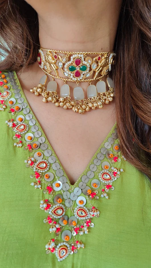 Lime Green Muslin Embroidered Kaftan Top & Skirt Set