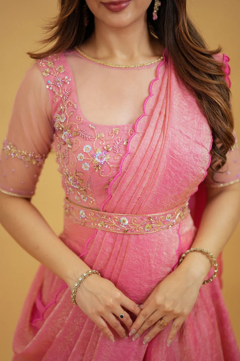 Premium Onion Pink Designer Lehenga Saree with Handworked Crop Top