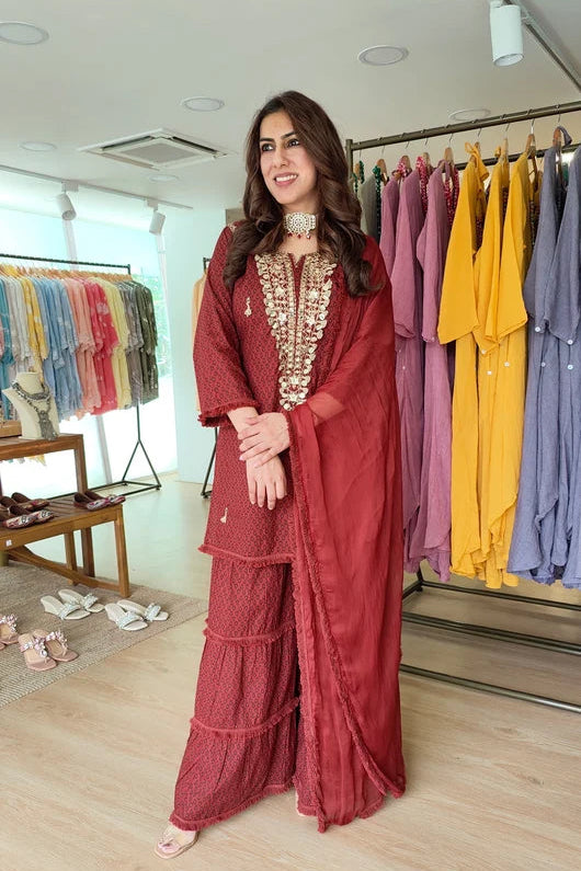 Ethnic Embroidered Maroon Long Yoke Sharara Set