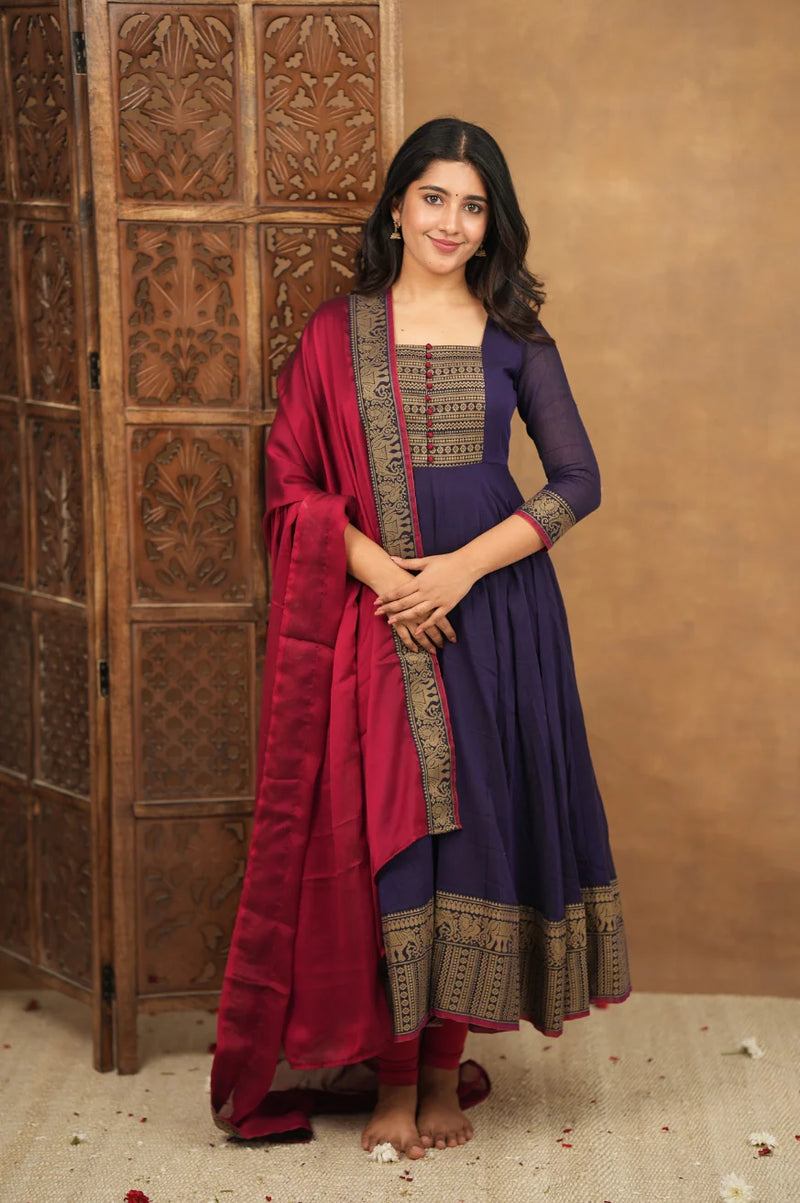 Menaka Pure Cotton Temple Border Anarkali Suit