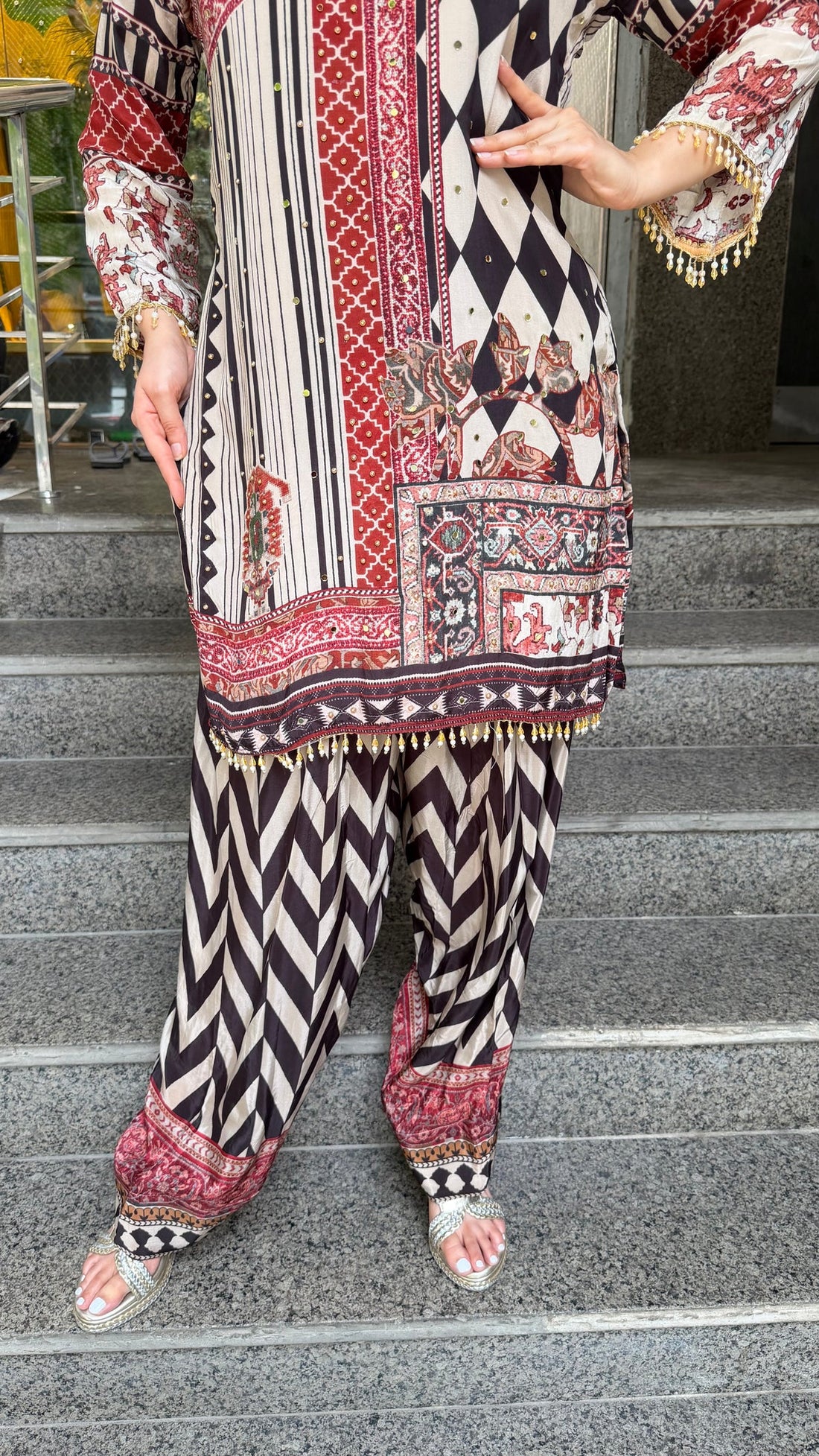 Purple Ethnic Printed Farshi Suit Set with Coordinated Dupatta