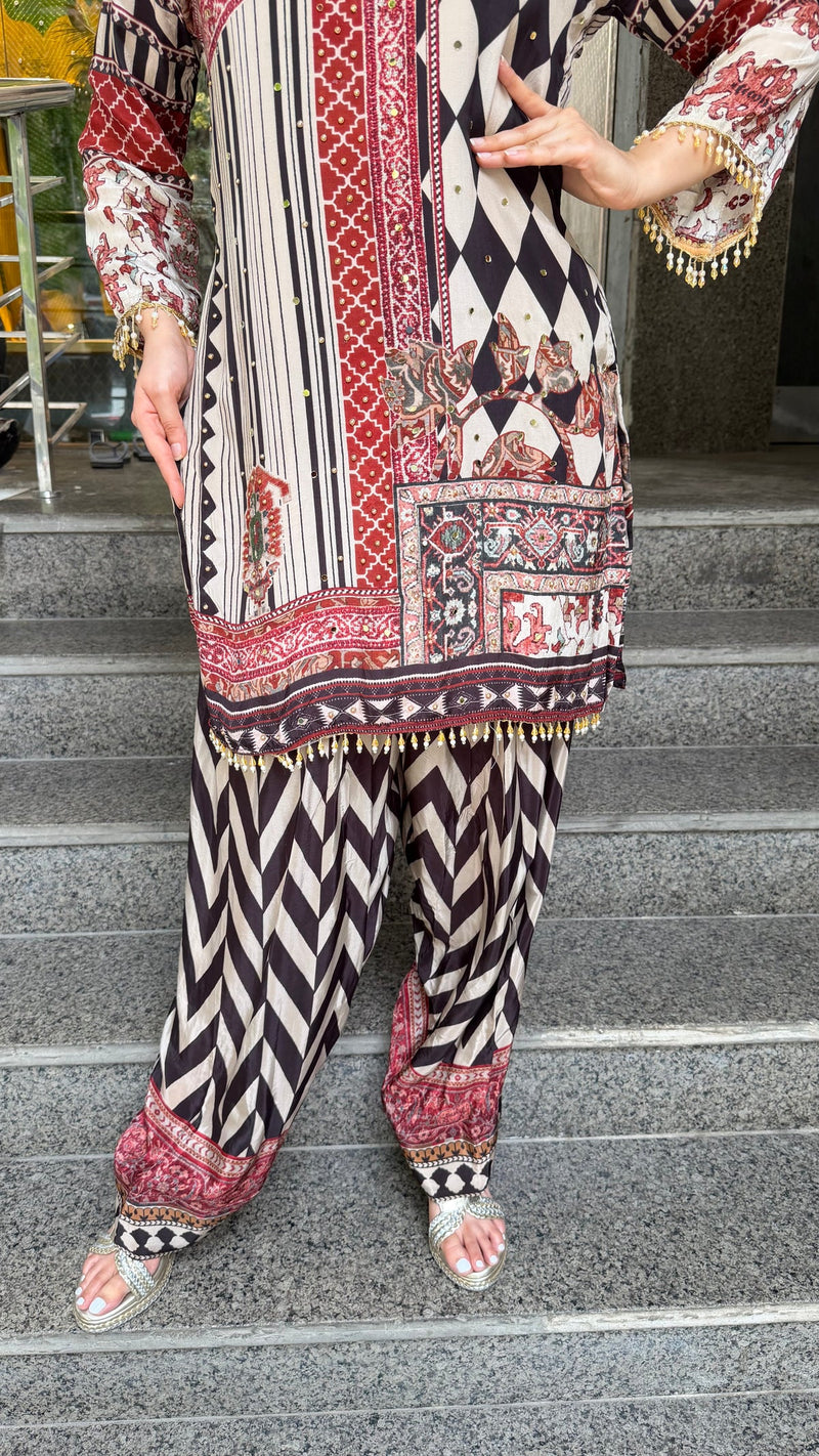 Purple Ethnic Printed Farshi Suit Set with Coordinated Dupatta