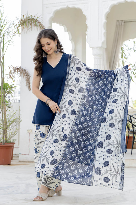 Noor Navy Blue Cotton Farshi Suit Set