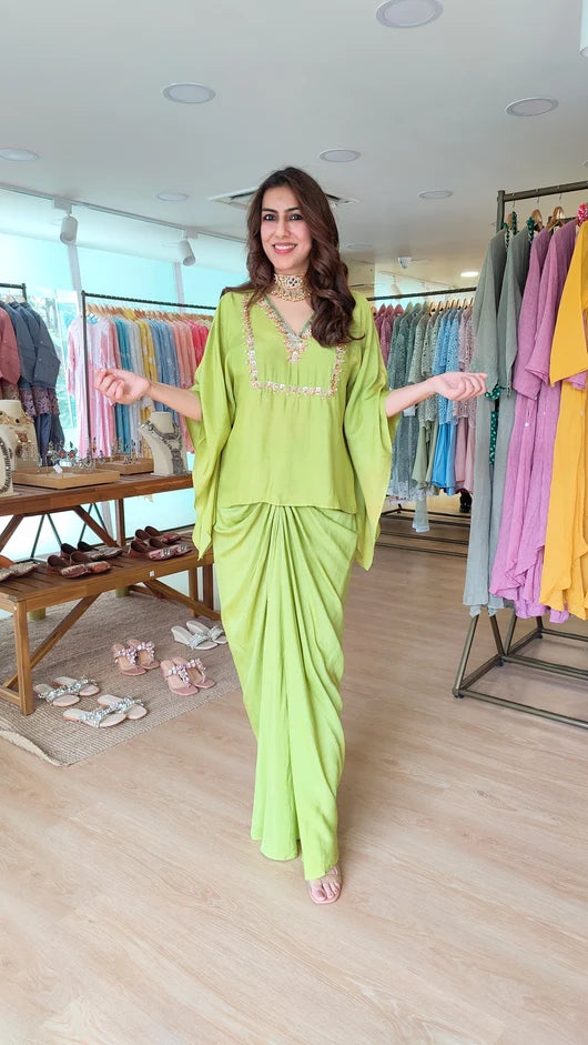 Lime Green Muslin Embroidered Kaftan Top & Skirt Set