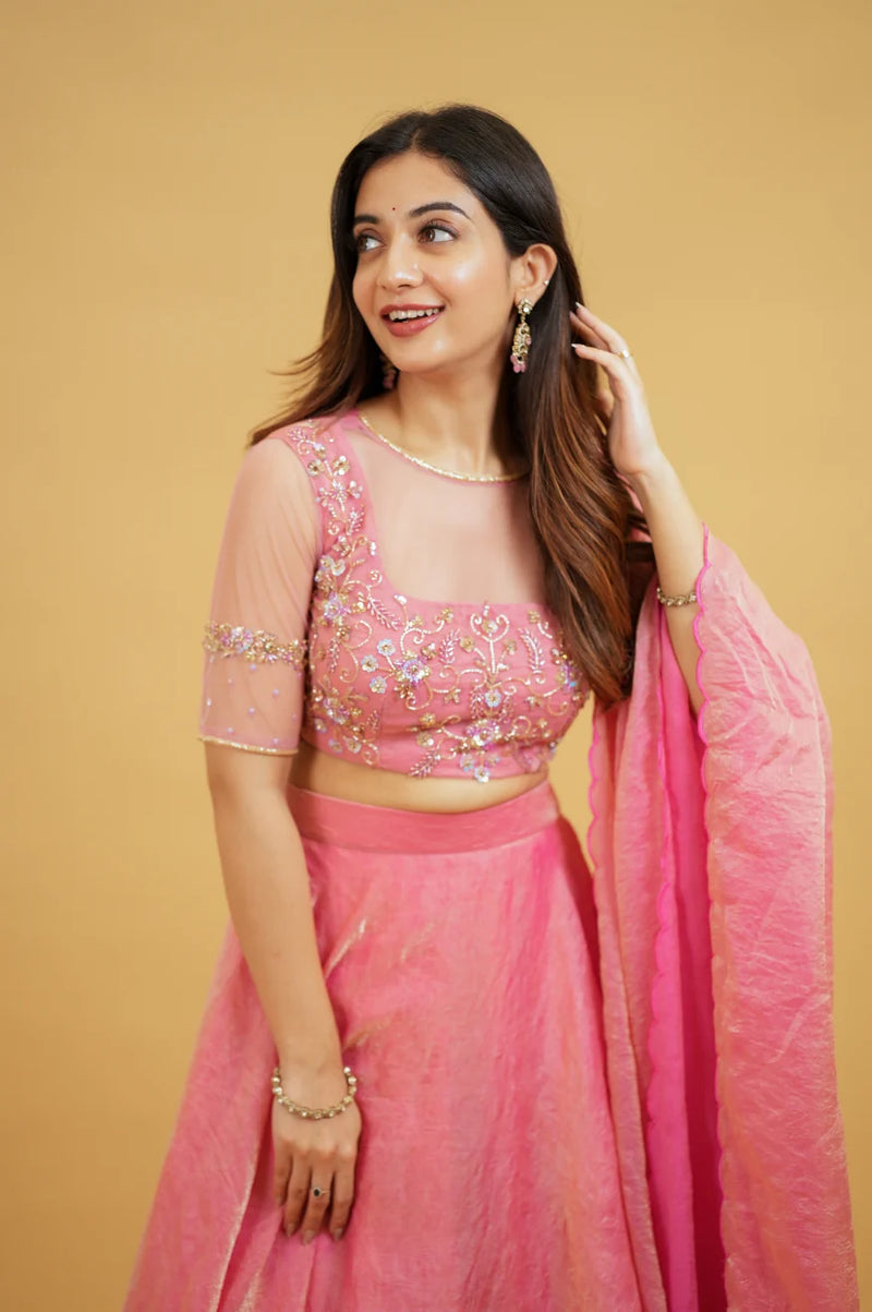 Premium Onion Pink Designer Lehenga Saree with Handworked Crop Top