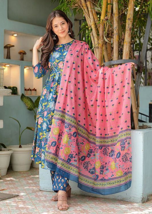 Blue Floral Pleated Cotton Suit Set with Mulmul Dupatta