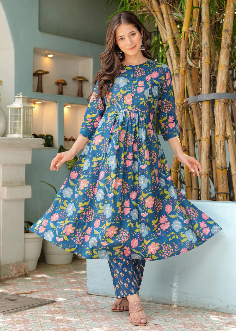 Blue Floral Pleated Cotton Suit Set with Mulmul Dupatta
