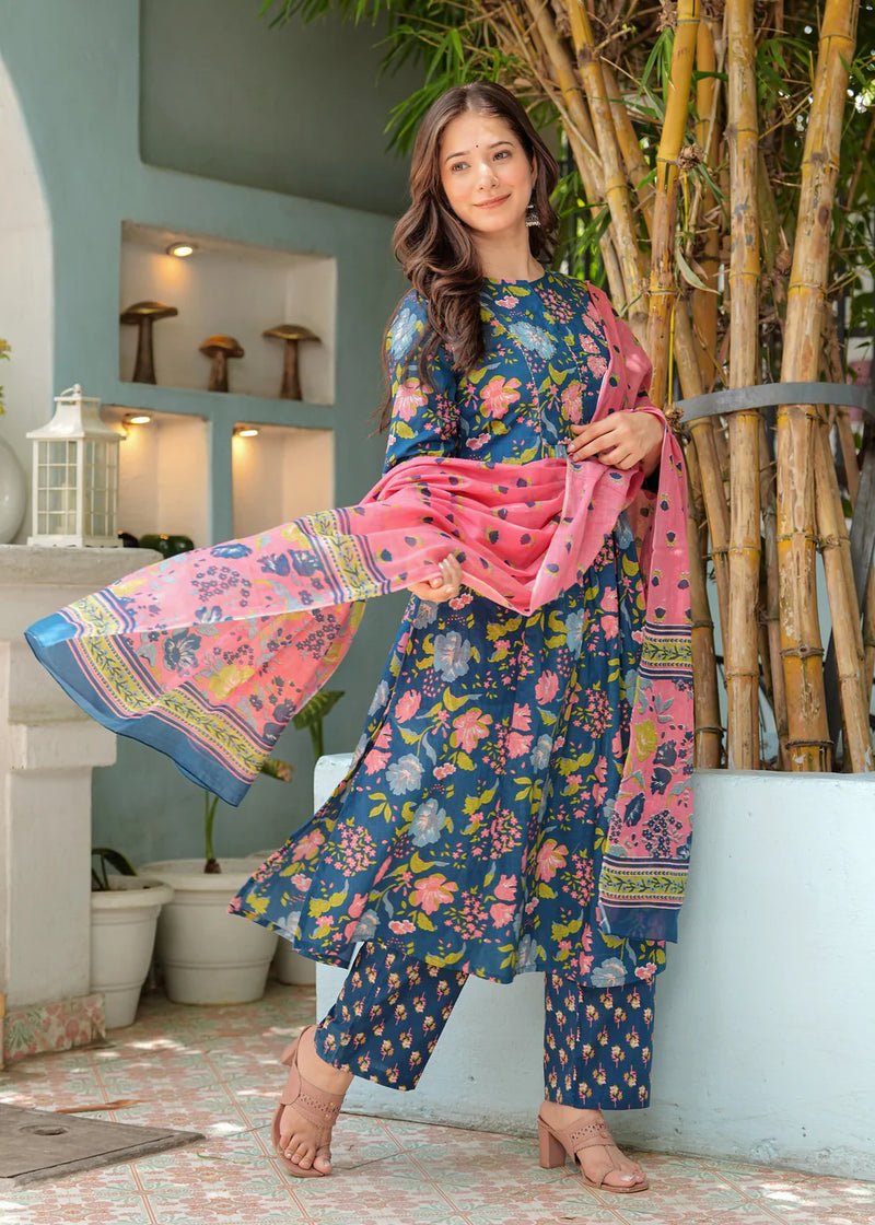 Blue Floral Pleated Cotton Suit Set with Mulmul Dupatta